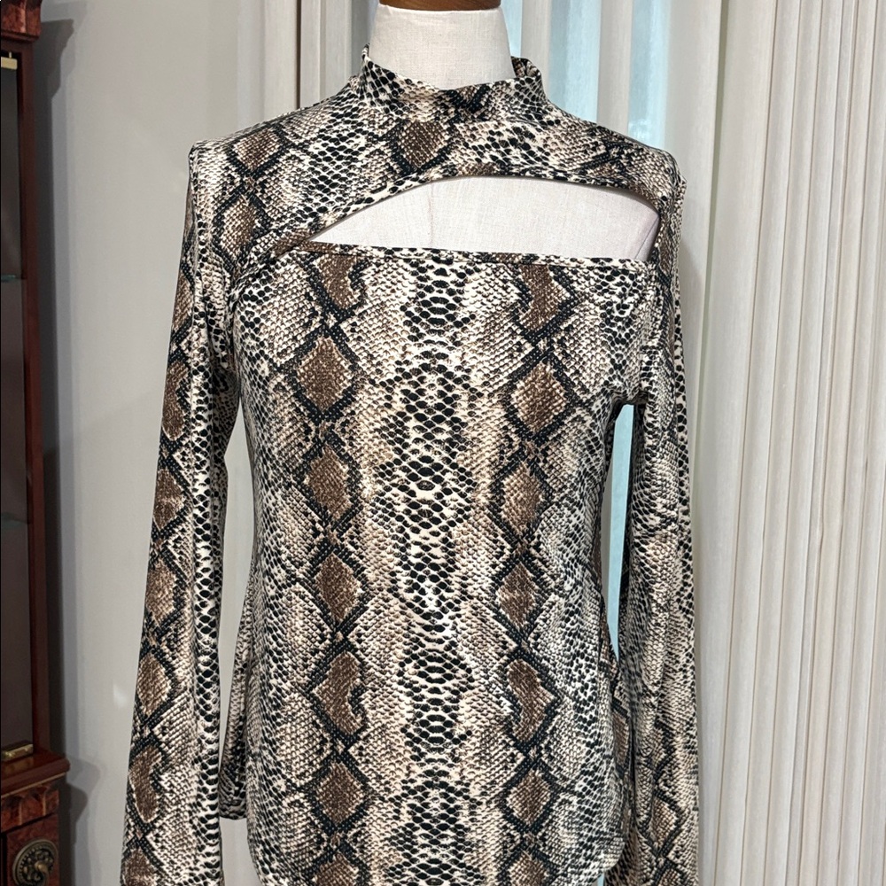 SHEIN Snake-Print Long Sleeve stretch Top Chest Cutout mock neck neutral browns